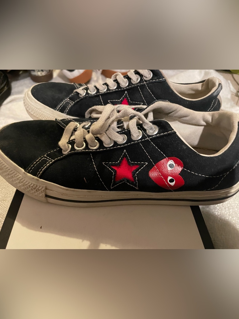 Converse Black Canvas Sneakers with Red Star and Heart Graphic
